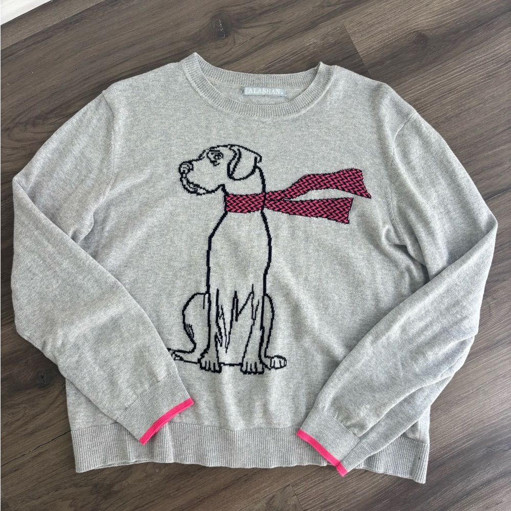 Gray Sweater with Dog and Red Scarf Design